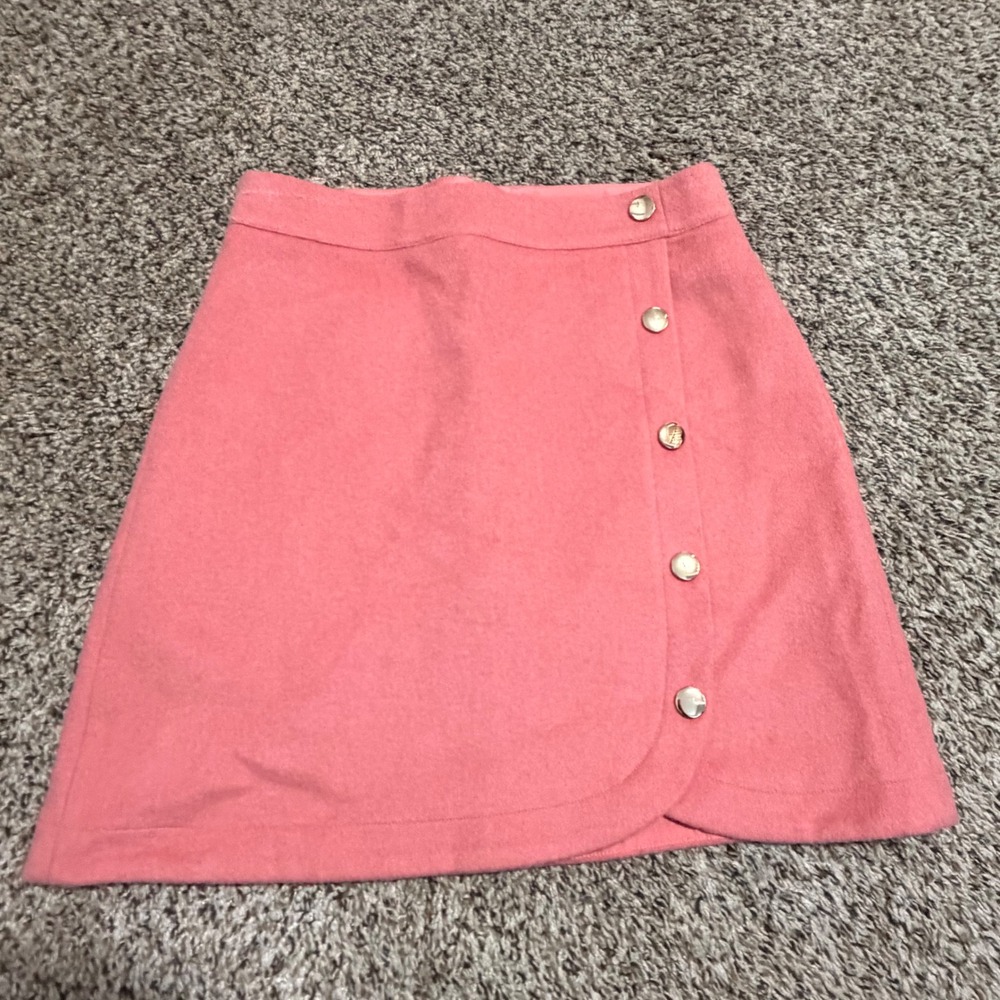 Loft Pink Wool Blend Faux Wrap Mini Skirt Size 6 Coral A-Line Button Detail
